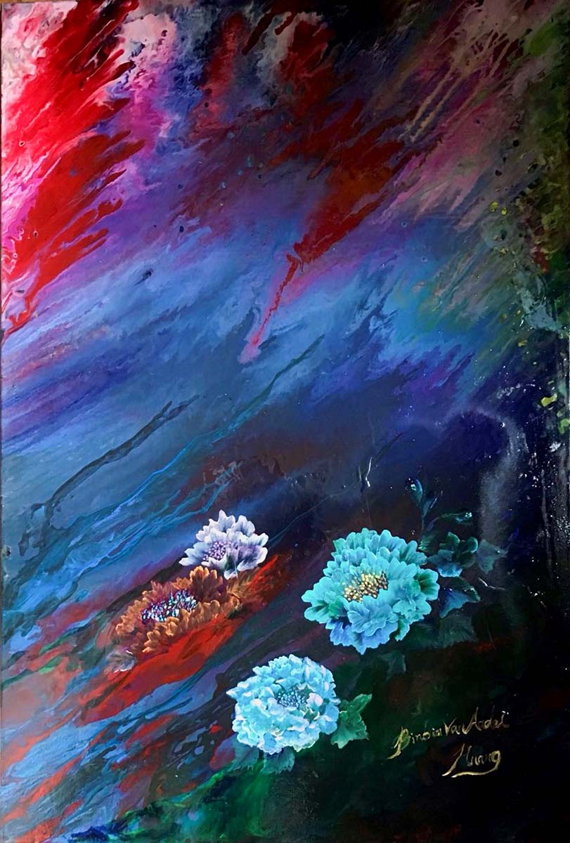 Contemporary Art. Title: Flowing Flowers, Acrylic on Canvas, 36x24 in by Canadian artist Binbin Huang.