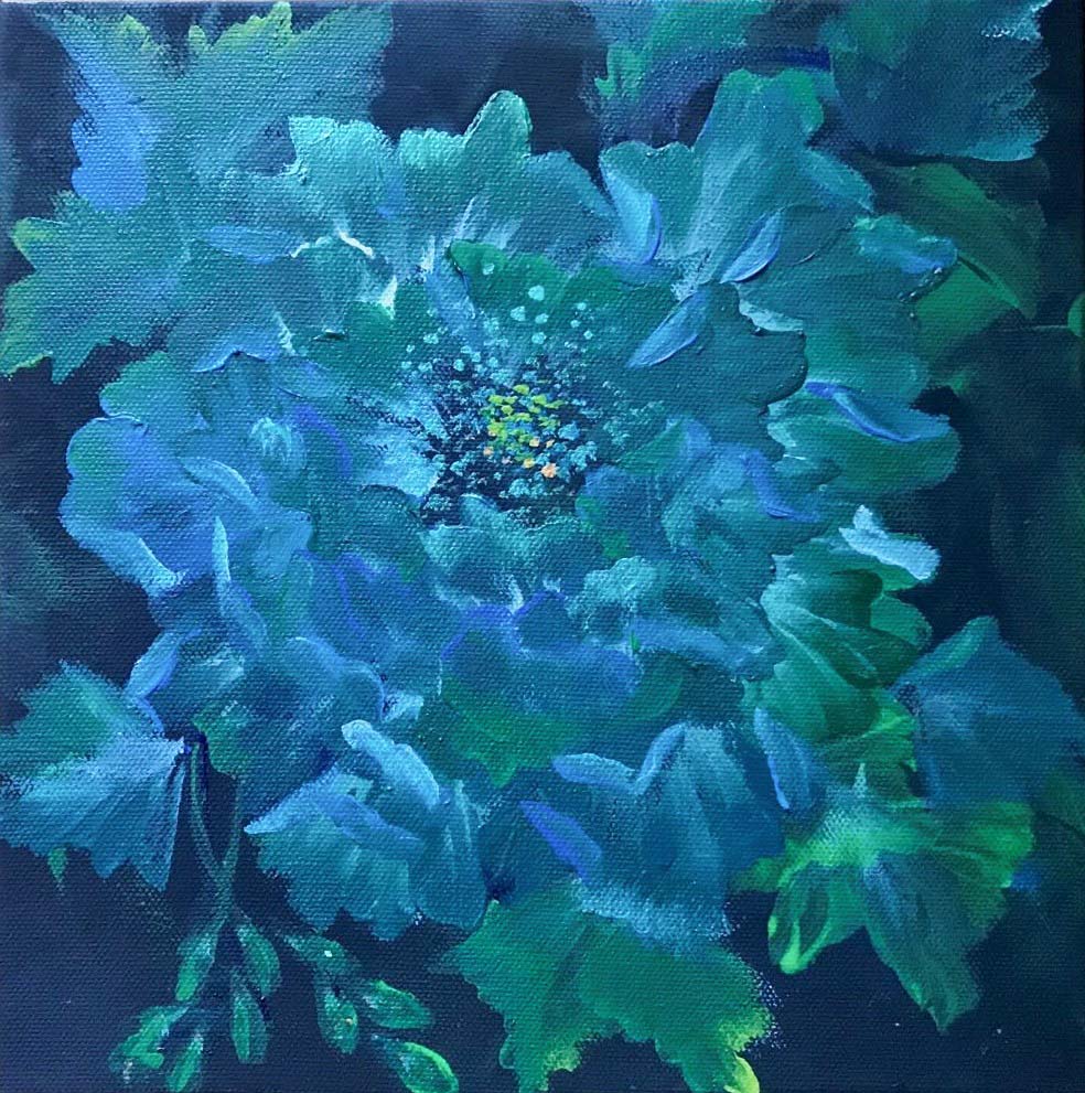 Contemporary Art. Title: Green Flower, Acrylic on Canvas,10x10 in by Canadian artist Binbin Huang.