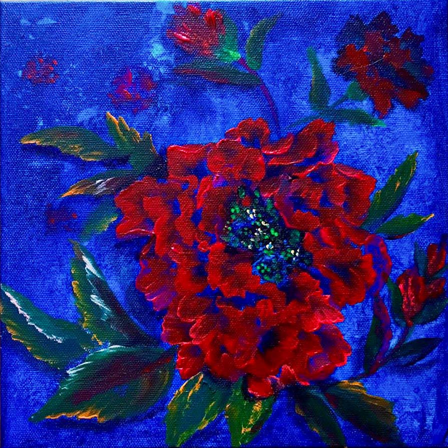 Contemporary Art. Title: Red flower, Acrylic on Canvas, 10x10 in by Canadian artist Binbin Huang.