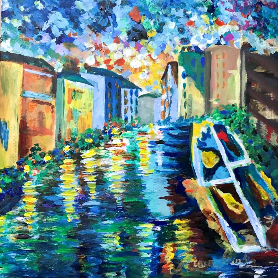 Contemporary Art. Title: Waterside Town, Acrylic on Canvas, 12x12 in by Canadian artist Binbin Huang.