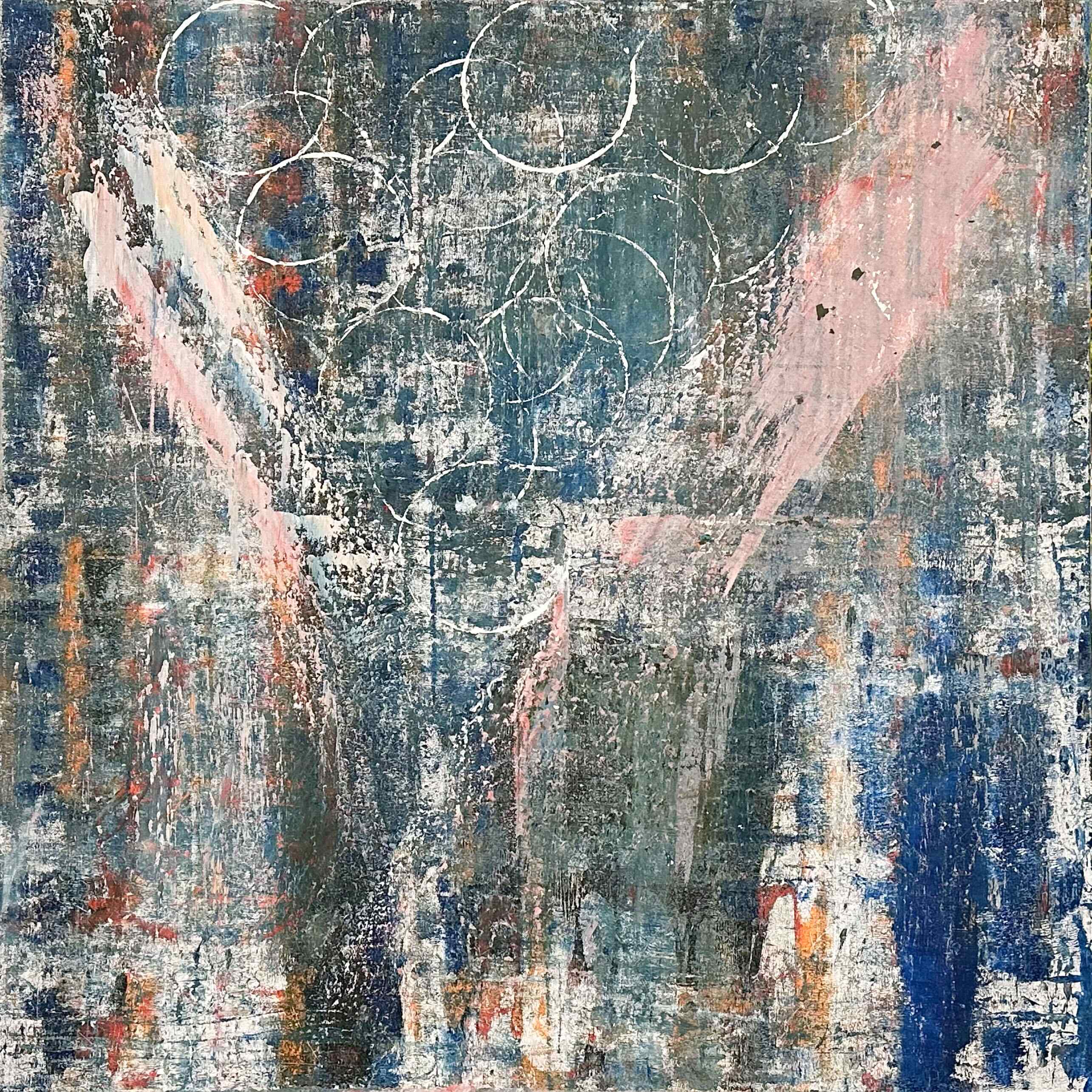 Title: Frivolity, Large square abstract acrylic painting with layered blues, greens, and circular line work by G. Kim Hinkson.