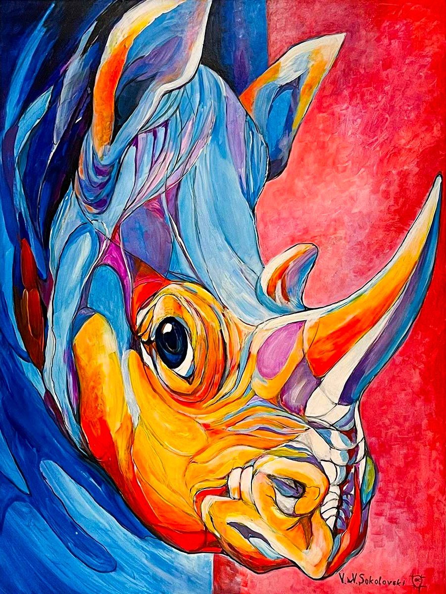 Rhino by Valeri Sokolovski, acrylic painting, colorful abstract wildlife portrait