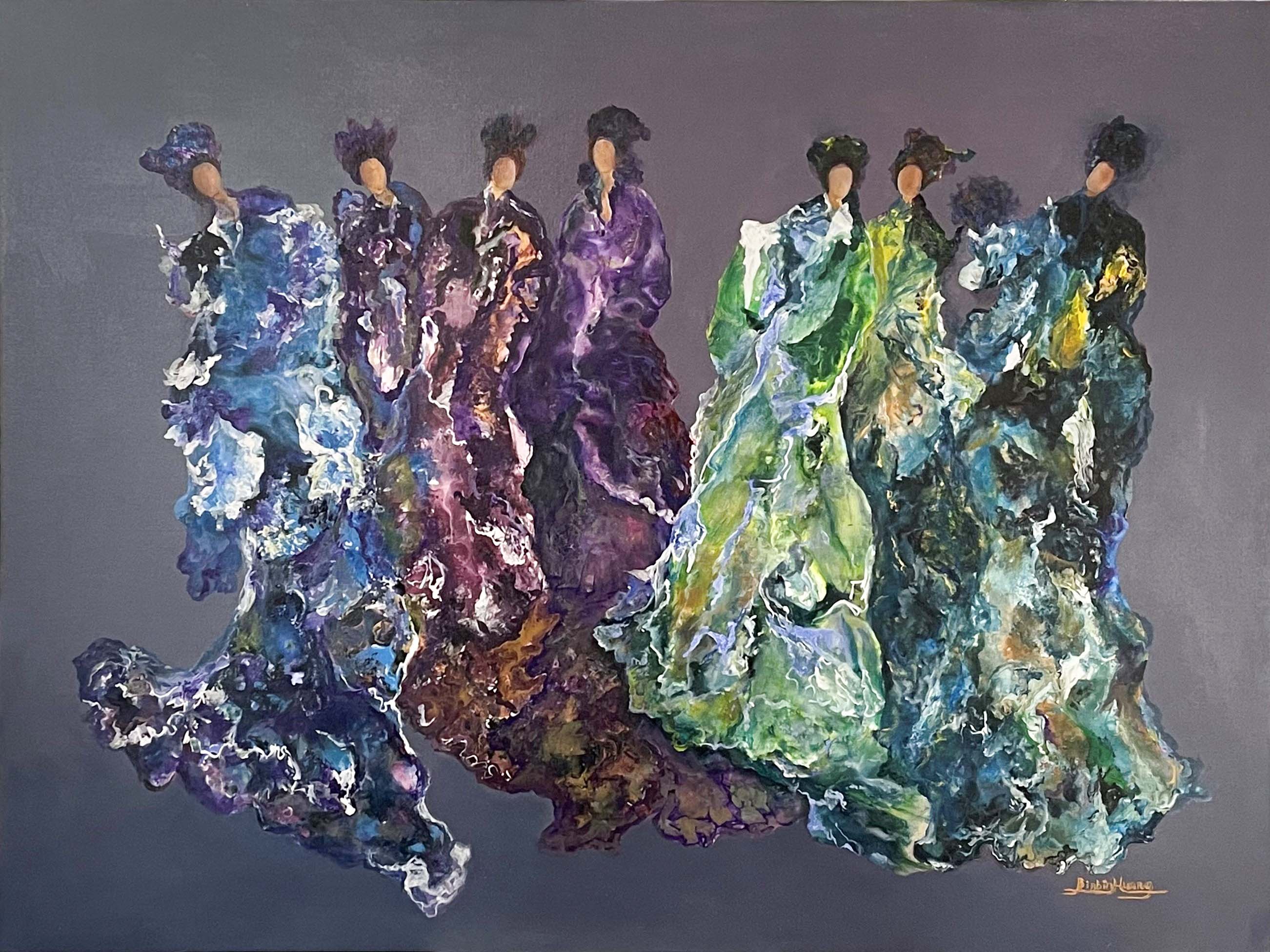 Contemporary Art. Title: 7 Goddesses, Mixed Media, 36x48 in by Canadian artist Binbin Huang.