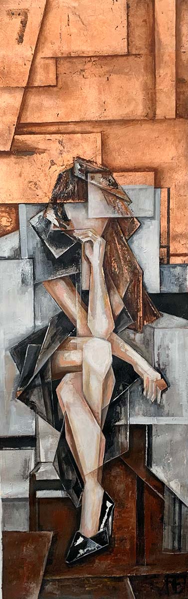 Contemporary Art. Title: On the Chair, Acrylic & Copper Gilt on Canvas, 59x20 in by artist Evren Temel.