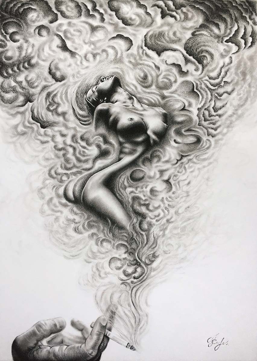 Contemporary Art. Title: You're my addiction, Charcoal on Paper, 16.5x12 in by Kate Stavniichuk.
