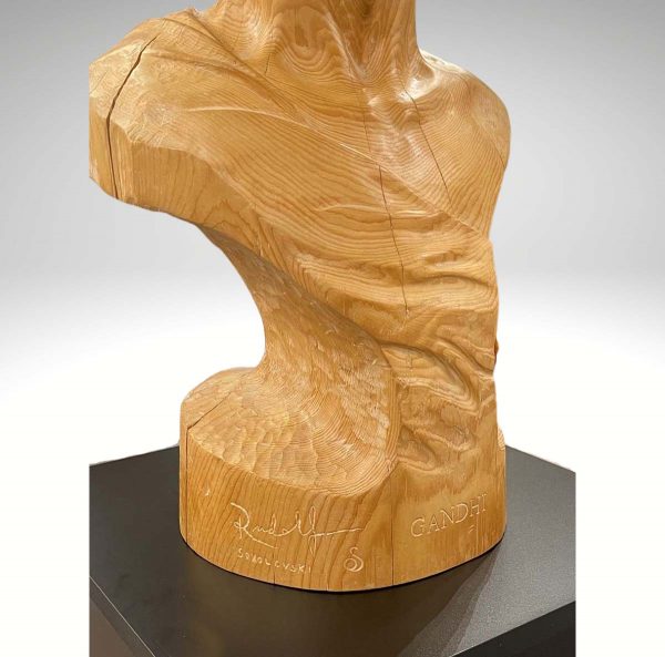 Contemporary Sculpture. Title: Mahatma Gandhi, Wood, White Cedar, 24 inches by Canadian artist Rudolf Sokolovski.