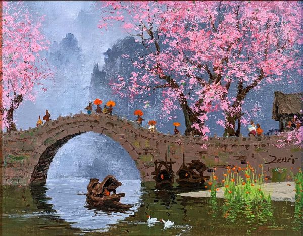 Contemporary art. Title: Blossom Bridge Ⅱ, Oil on Canvas, 11x14 inches by Contemporary Canadian Artist Uncle Zeng.