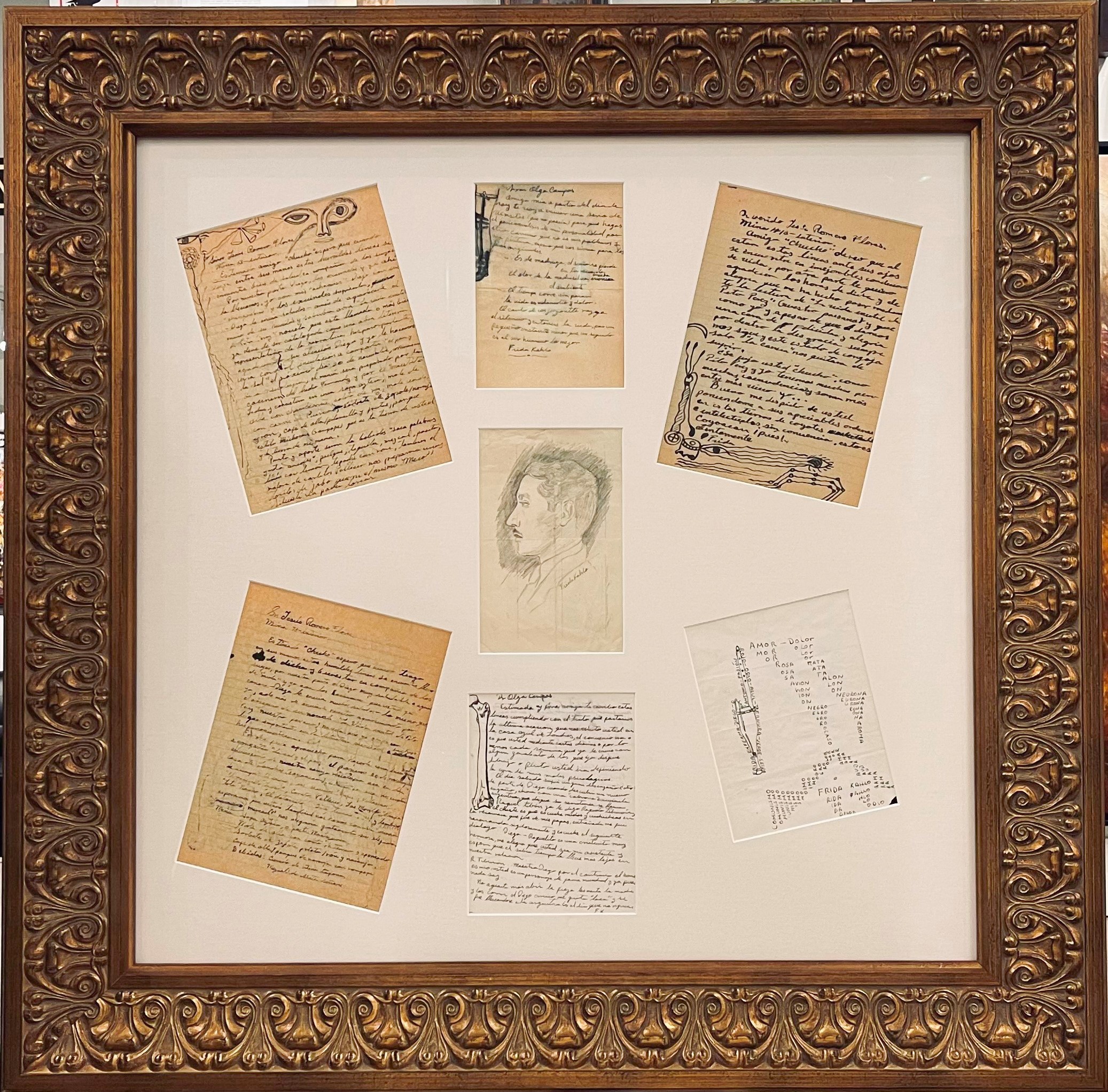 Frida Kahlo-Handwritten Letters Sketches Drawings Ⅱ- Framed Front 38.5x38.5 inches.