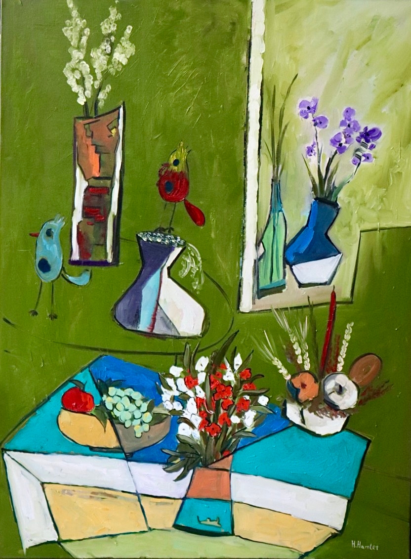 Hamlet oil painting Childhood with symbolic still life objects, flowers, fruit, and decorative interior composition