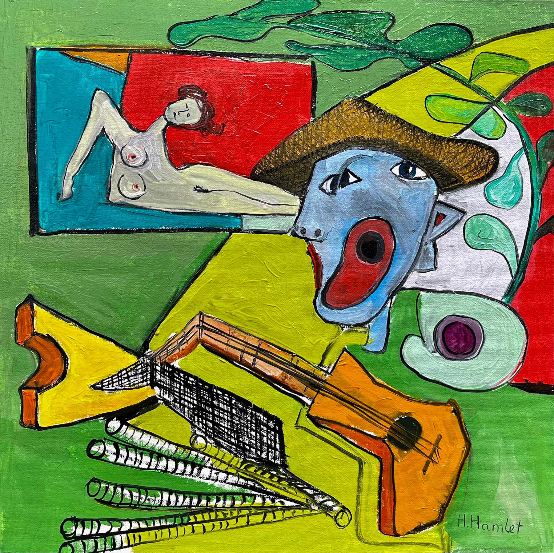 Hamlet oil painting The Musician with stylized figure holding instrument in bold colorful expressive composition