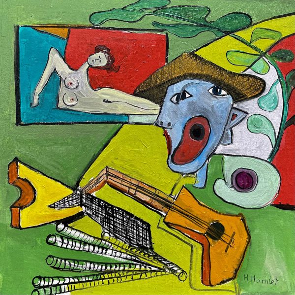 Contemporary Art. Title: The Musician, Oil on Canvas, 18 x 18 in by Canadian artist Hamlet.