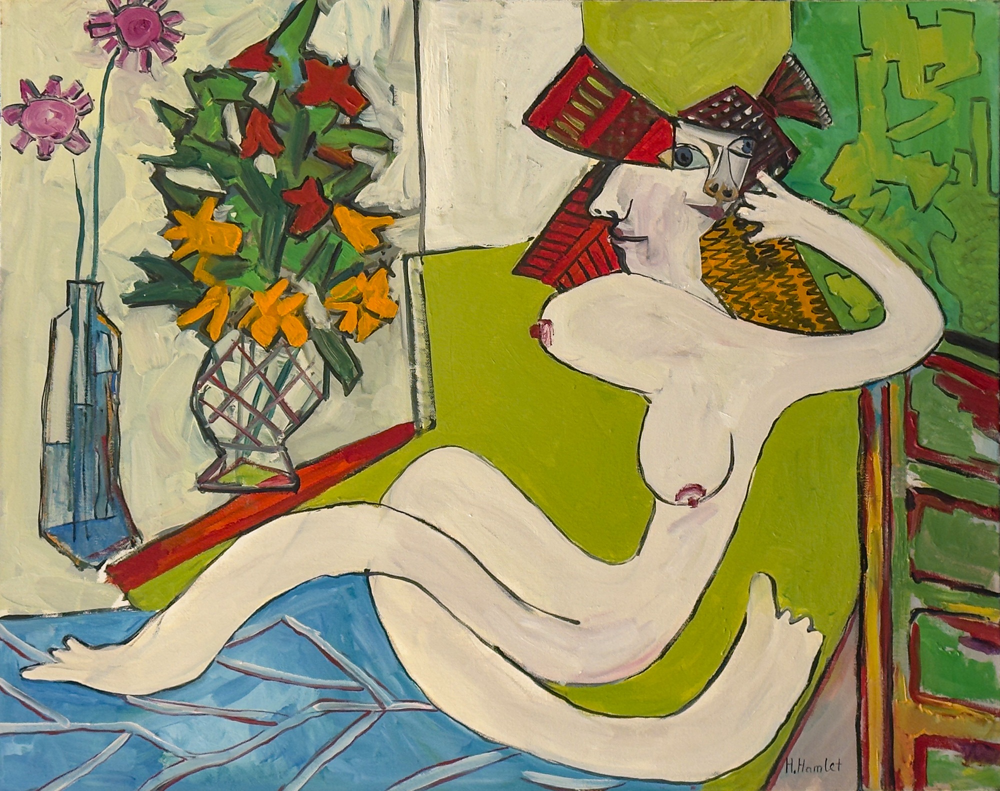 Hamlet oil painting Second Face with reclining nude figure and dual face imagery in expressive interior setting