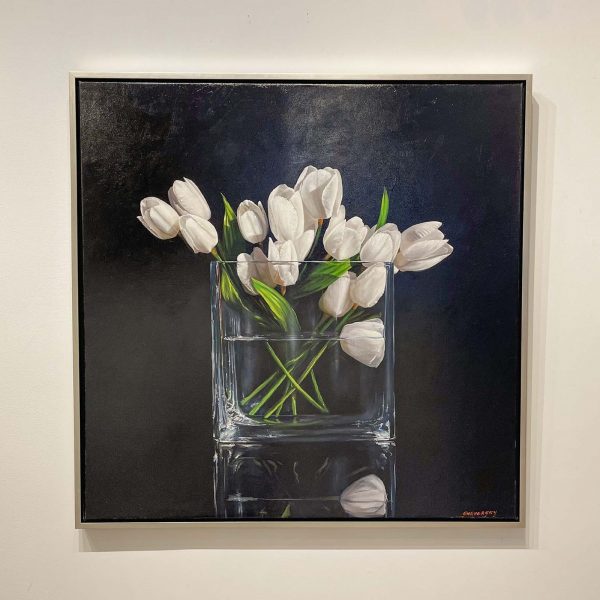 Contemporary art. Title: White Tulips, Oil on Canvas_ 40x40 in by Contemporary Canadian artist Alexander Sheversky.
