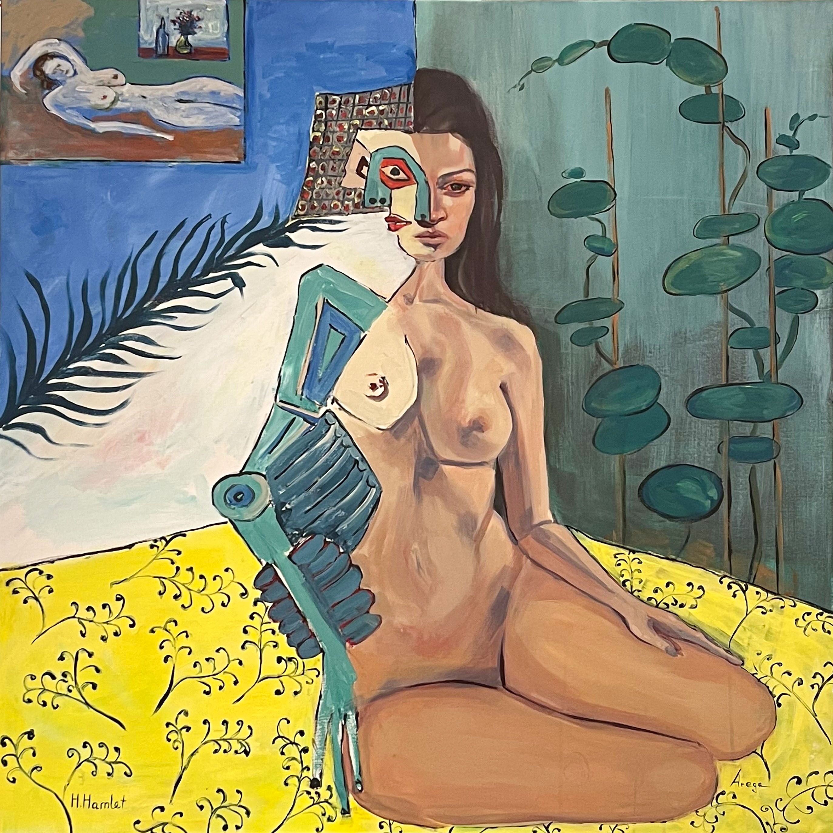 Hamlet acrylic painting Boom with seated nude figure and mechanical arm in expressive symbolic interior composition