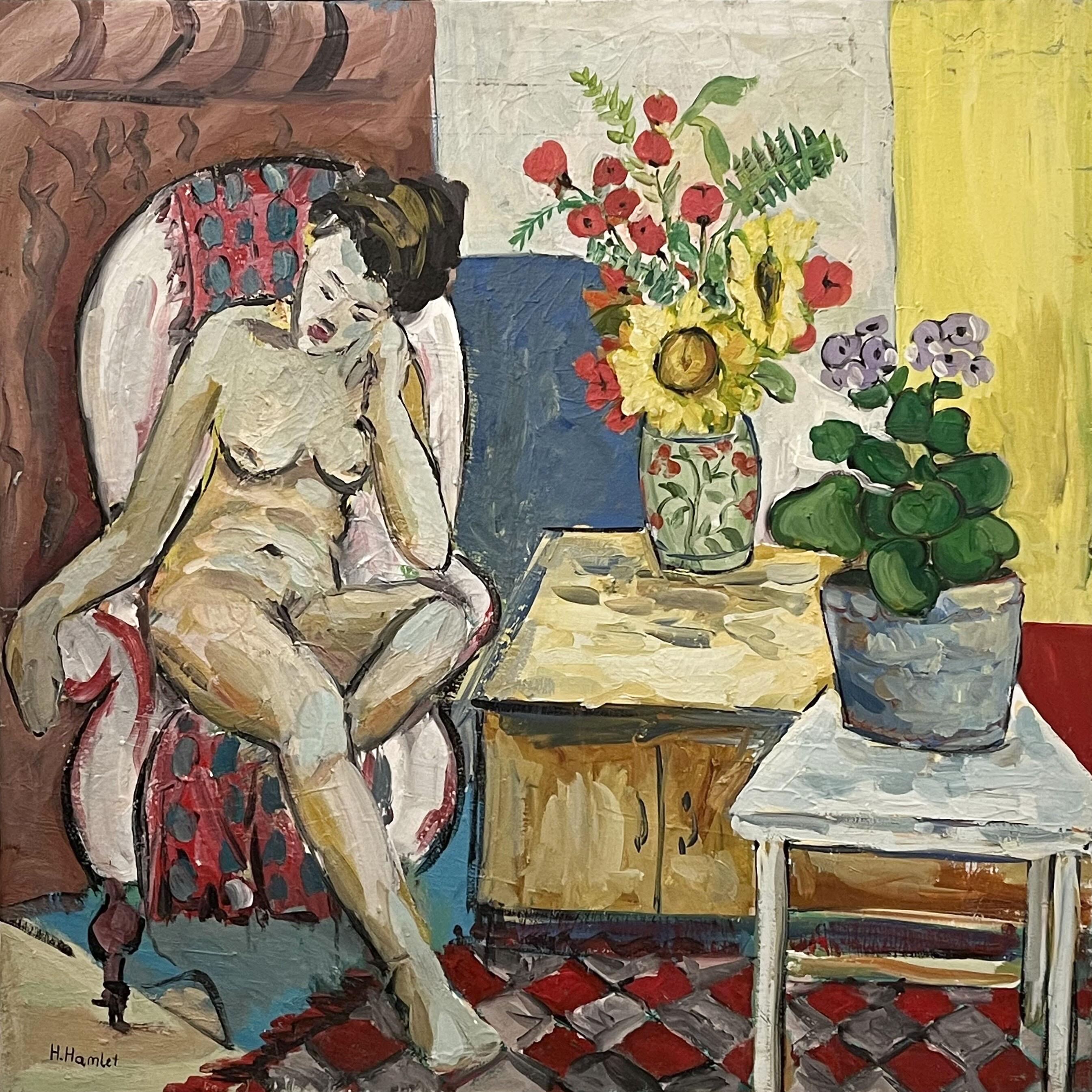 Hamlet oil painting Beautiful with seated nude figure in interior with flowers and still life elements