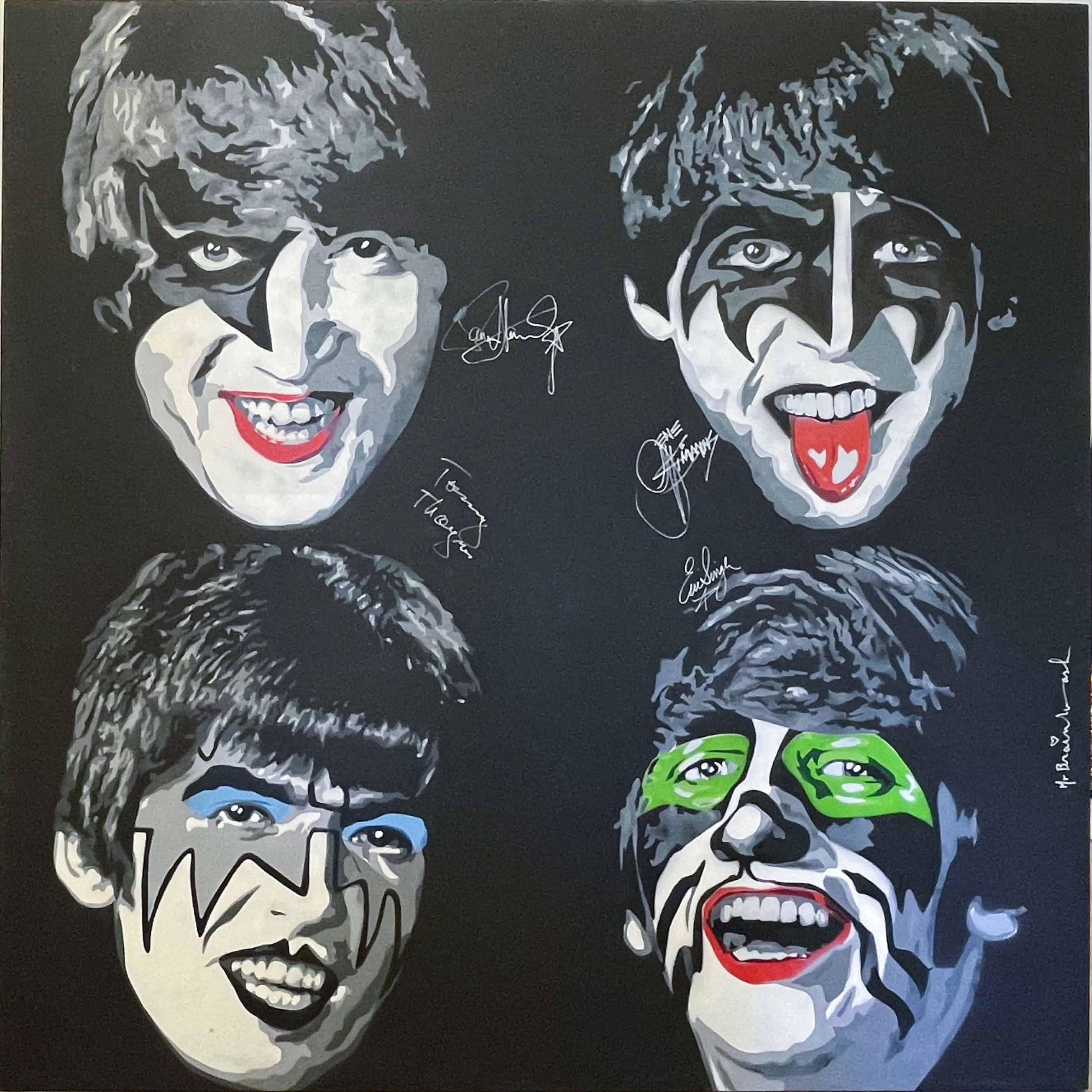 Pop Art. Title: Kiss the Beatles_Acrylic on Canvas_2009_84 x 84 in by Mr. Brainwash.
