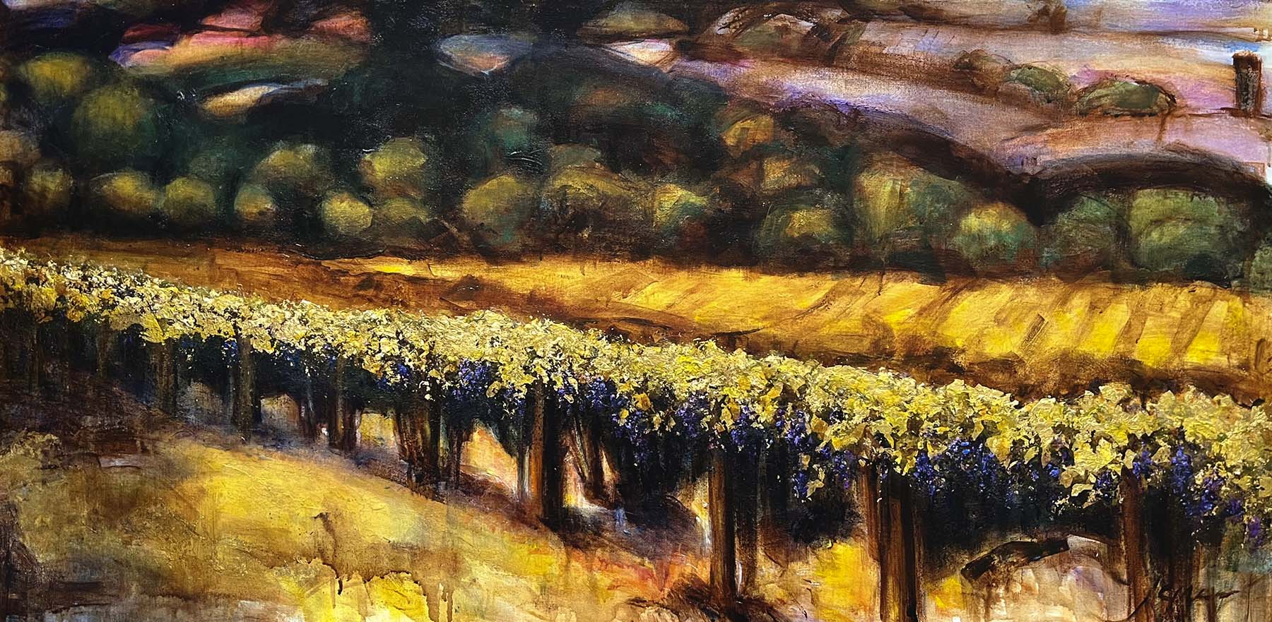 Contemporary art. Title: Sunset Vineyard, Acrylic & Gold Leafing, 24 x 48 in by Canadian Artist Janice McLean.