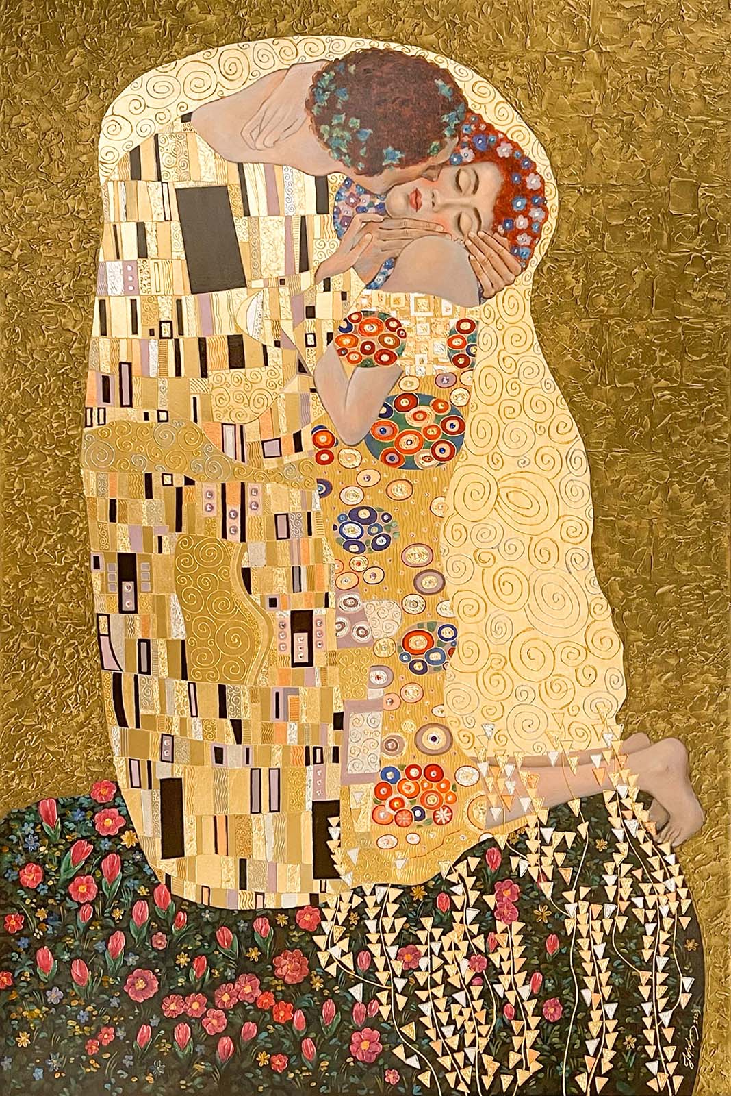 Contemporary Art. Title: The Kiss, Replica, Oil Gold Silver, 72x48 in by artist Mykola Yurov.
