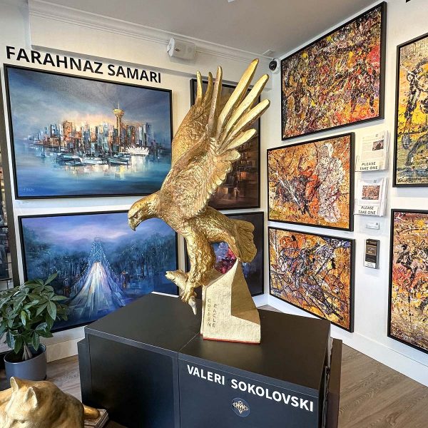 Contemporary Sculpture. Title: Golden Eagle, Fiberglass Hydrostone base-36x27x18 in by Contemporary Canadian artist Valeri Sokolovski.