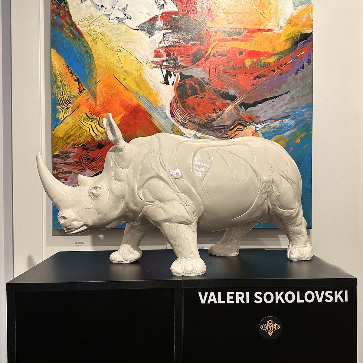 Contemporary Sculpture. Title: White Rhino-Hydrostone-30x16x11 in by Contemporary Canadian artist Valeri Sokolovski.