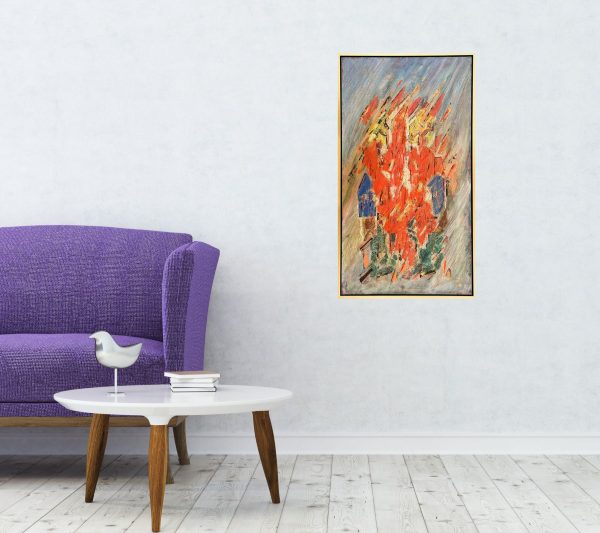 Abstract Art. Title: Hands on Fire, Oil on Board, 43x24 in, Framed by Canadian artist Franz H. Schmidt.