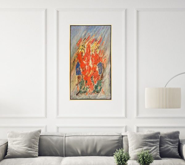 Abstract Art. Title: Hands on Fire, Oil on Board, 43x24 in, Framed by Canadian artist Franz H. Schmidt.