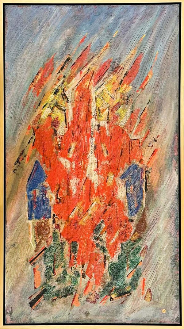 Abstract Art. Title: Hands on Fire, Oil on Board, 43x24 in, Framed by Canadian artist Franz H. Schmidt.