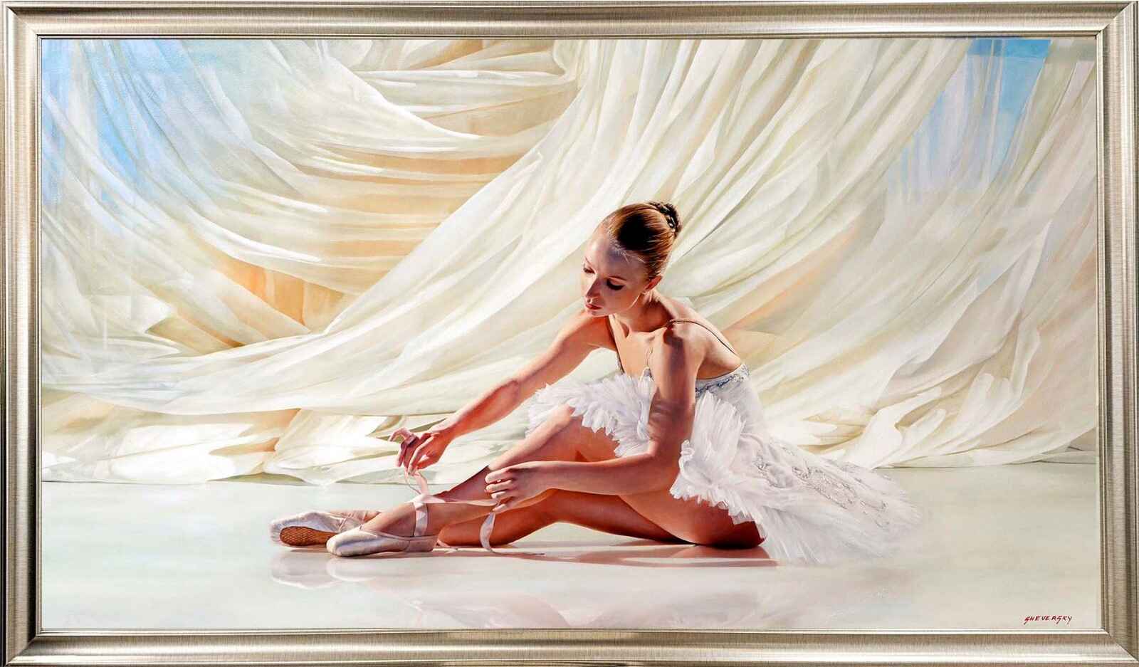 Contemporary art. Title: White Swan, Oil on Canvas, 40x72 in, Framed by Canadian artist Alexander Sheversky.