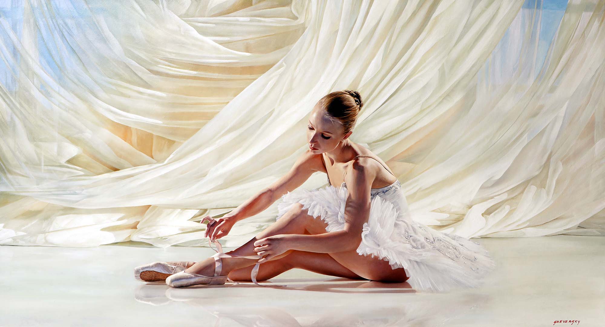 Contemporary art. Title: White Swan, Oil on Canvas, 40x72 inches by Canadian artist Alexander Sheversky.