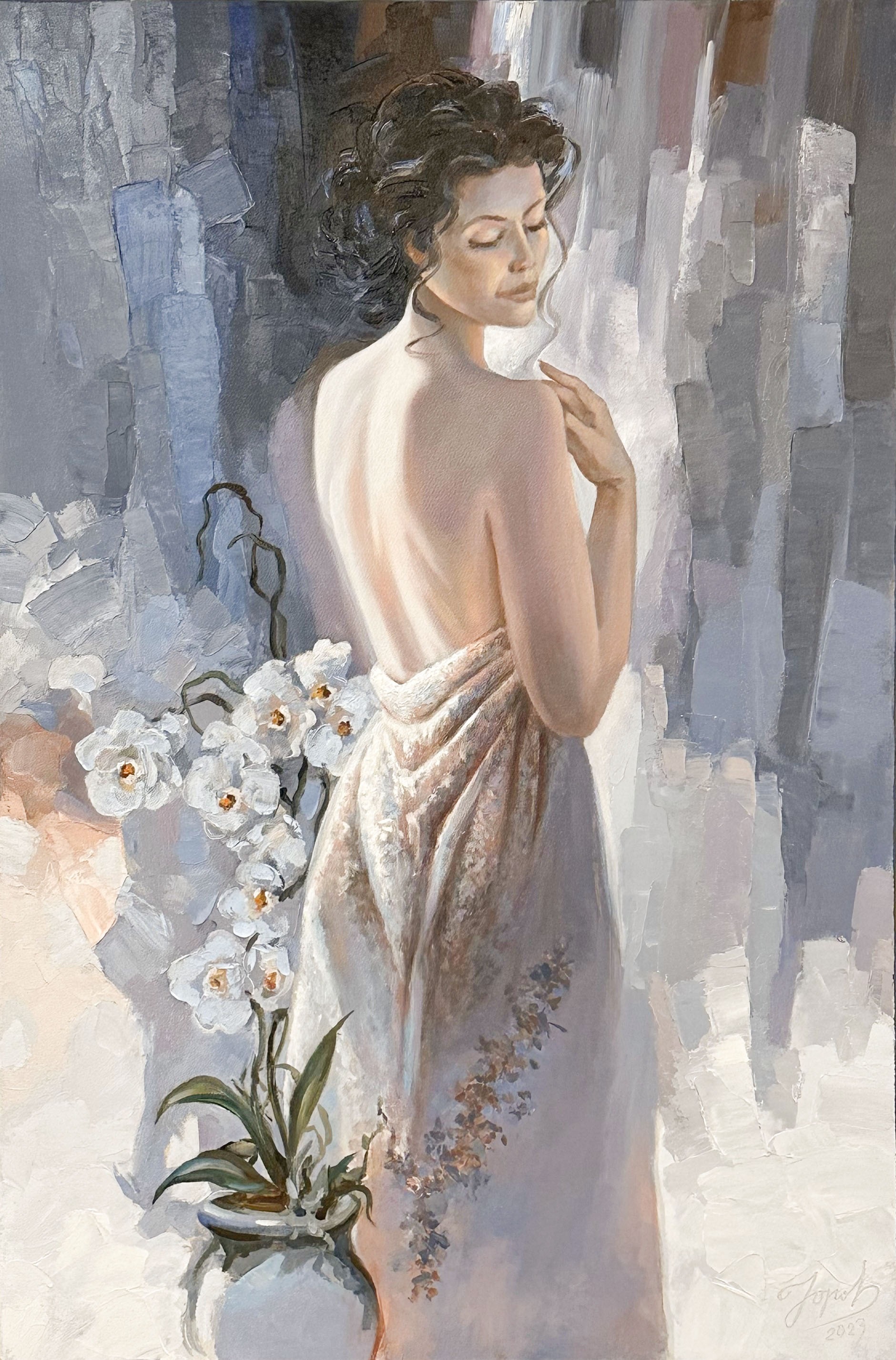 Title: Femininity. Figurative oil painting of a woman viewed from behind with orchids, soft grey tones, and elegant brushwork by Mykola Yurov.