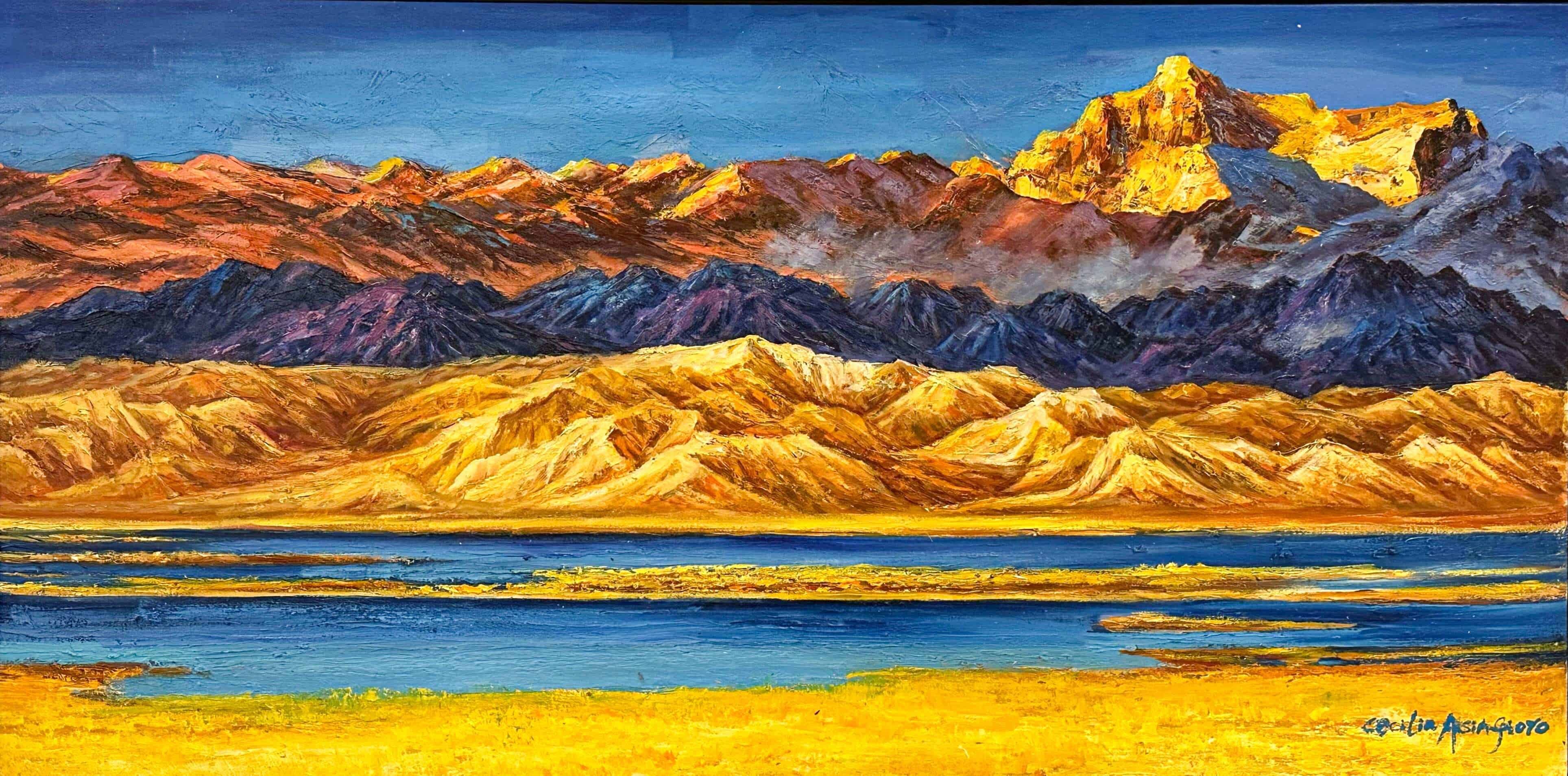 Contemporary Art. Title: Harmony of the Mountains, Oil on Canvas, 27 x 54 in by Canadian Artist Cecilia Aisin-Gioro.