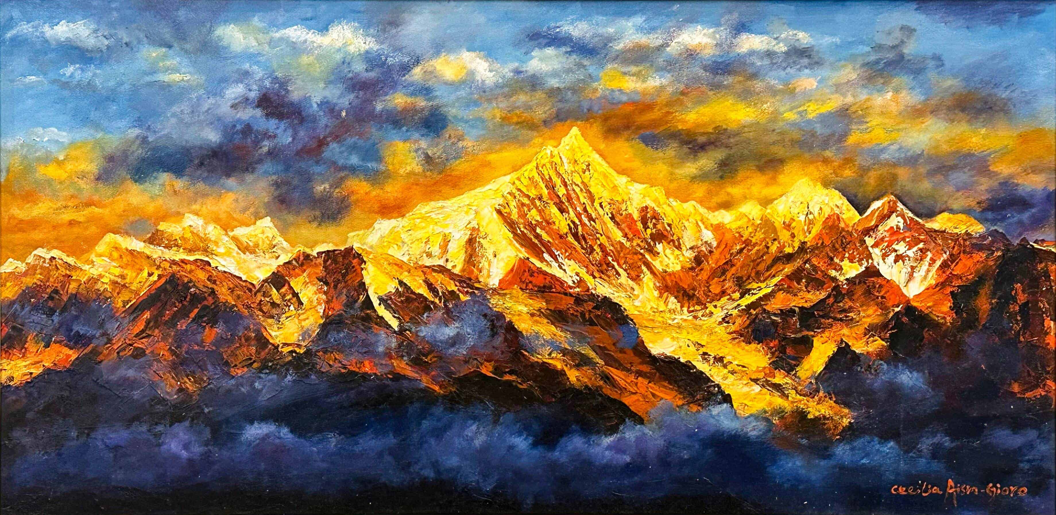 Contemporary Art. Title: Theory of the Mountains, Oil on Canvas, 23 x 47 in by Canadian Artist Cecilia Aisin-Gioro.