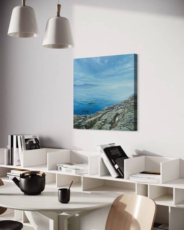 "Calm Horizon" by Anna Petrova – 24x24 inch oil on canvas depicting a serene seascape with rocky shoreline, gentle blue waves, and soft horizon light.