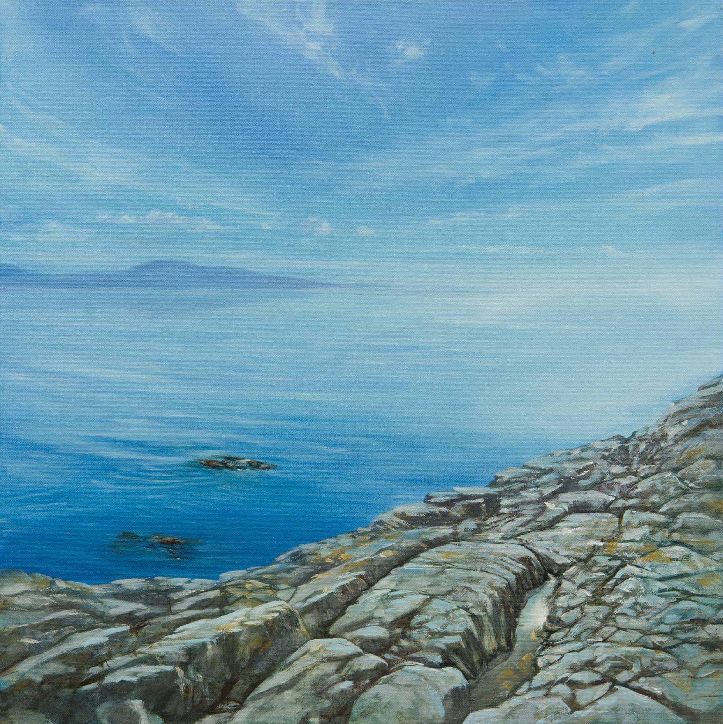 "Calm Horizon" by Anna Petrova – 24x24 inch oil on canvas depicting a serene seascape with rocky shoreline, gentle blue waves, and soft horizon light.