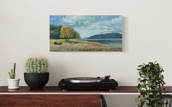 Title: Early Tide by Anna Petrova – 12x24 inch oil on canvas depicting a serene coastal scene with golden trees, calm water, distant mountains, and morning sky.