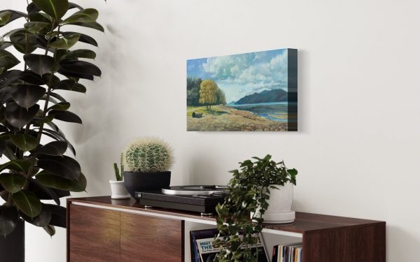 Title: Early Tide by Anna Petrova – 12x24 inch oil on canvas depicting a serene coastal scene with golden trees, calm water, distant mountains, and morning sky.