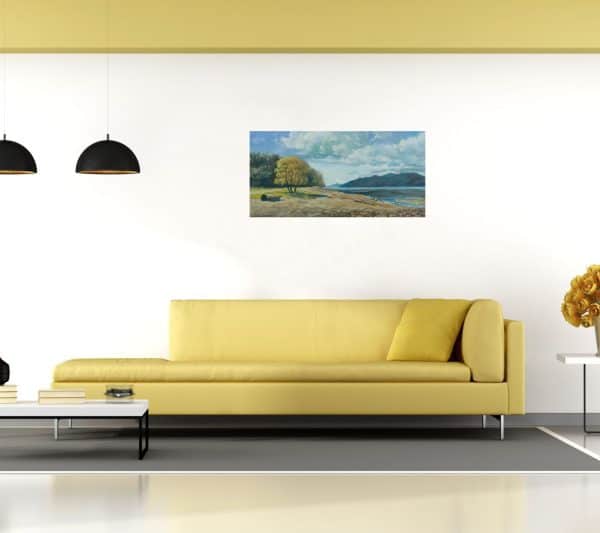 Title: Early Tide by Anna Petrova – 12x24 inch oil on canvas depicting a serene coastal scene with golden trees, calm water, distant mountains, and morning sky.