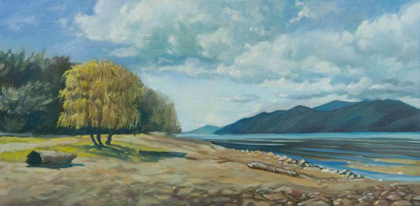 Title: Early Tide by Anna Petrova – 12x24 inch oil on canvas depicting a serene coastal scene with golden trees, calm water, distant mountains, and morning sky.