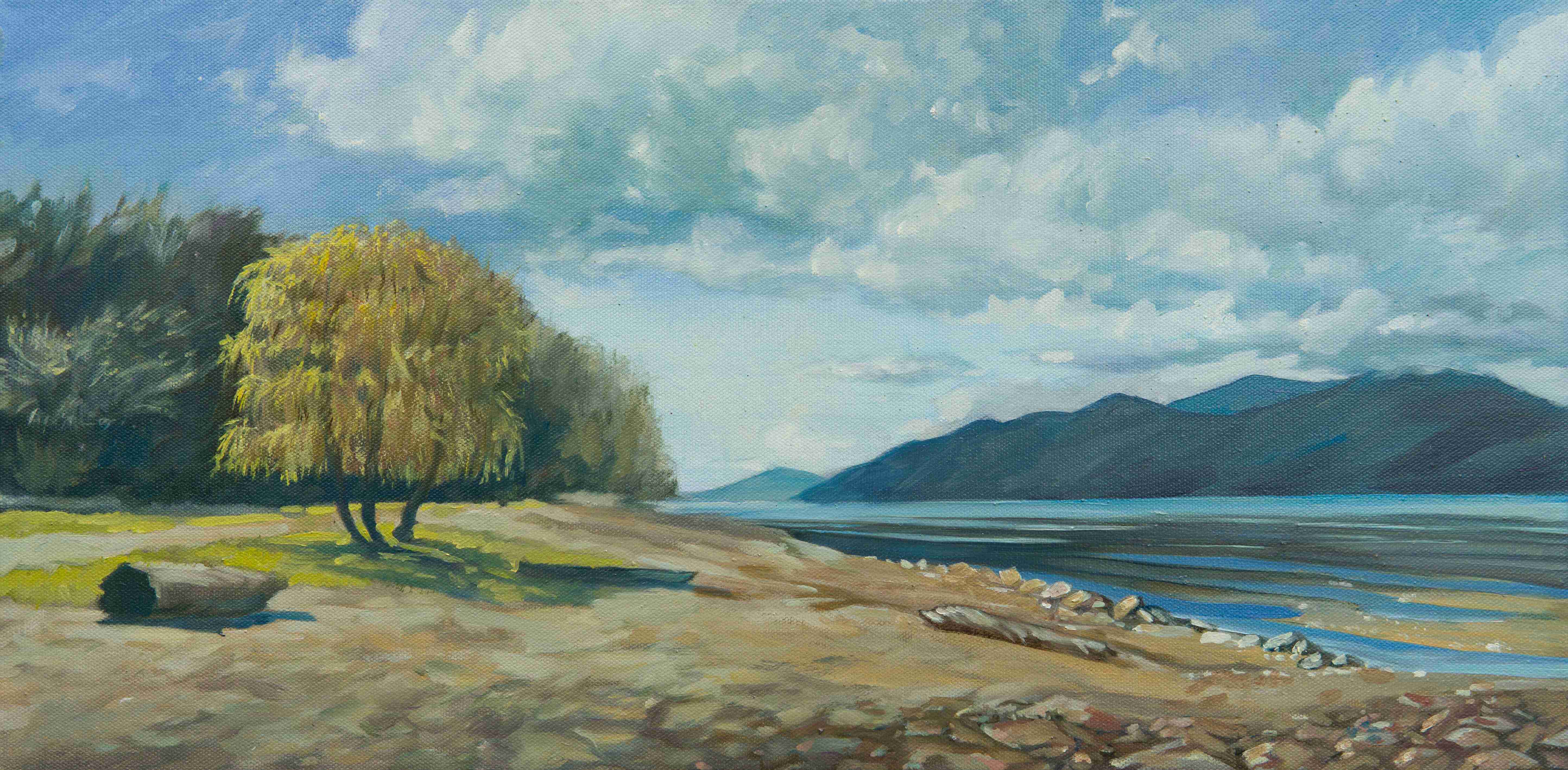 Title: Early Tide by Anna Petrova – 12x24 inch oil on canvas depicting a serene coastal scene with golden trees, calm water, distant mountains, and morning sky.