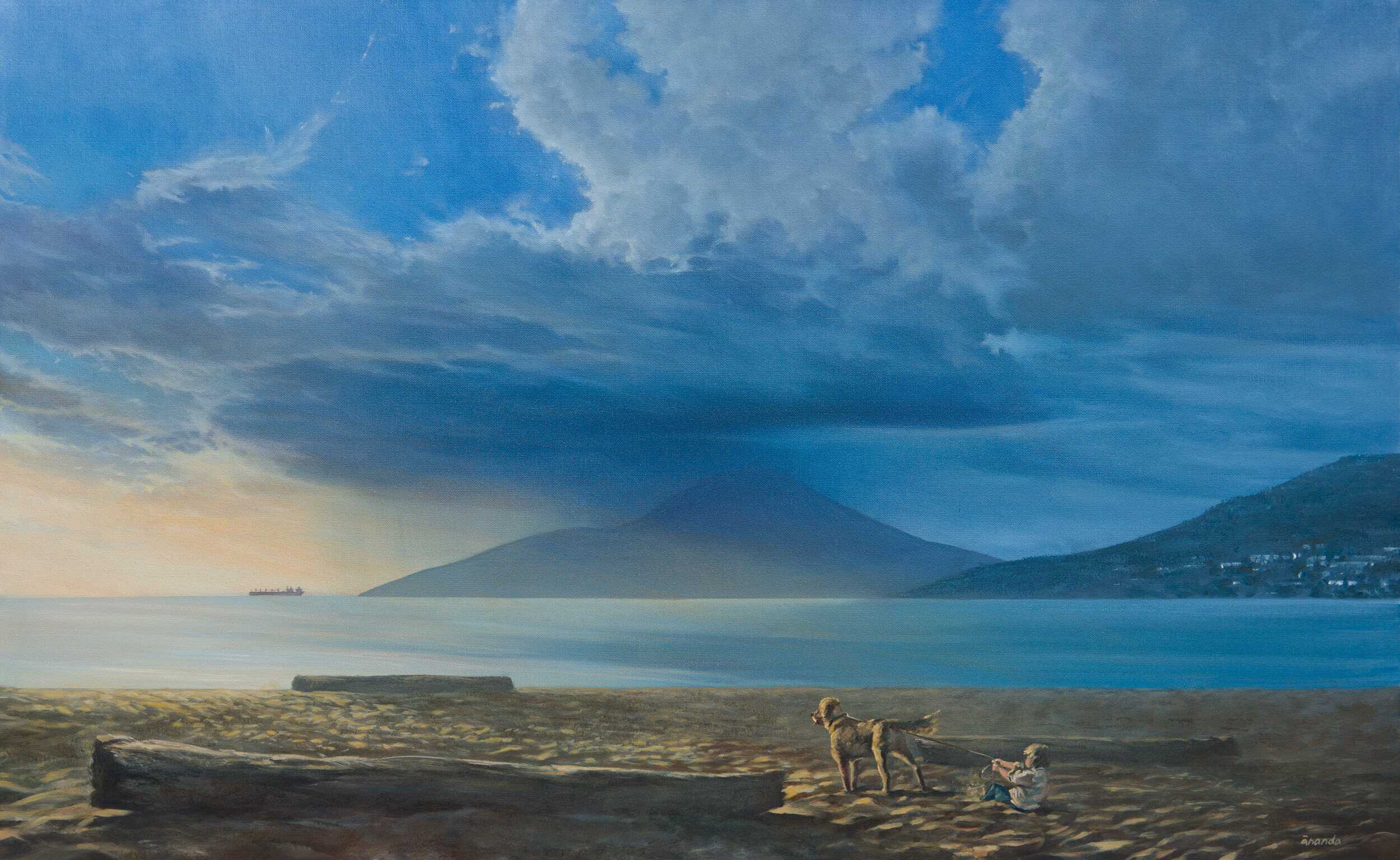 Title: Enchanting Sunlight by Anna Petrova – 30x48 inch oil on canvas showing a tranquil beach scene with a child and dog beneath dramatic clouds and warm evening light.