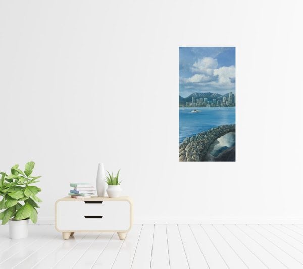 Title: Fair Wind by Anna Petrova – 48x24 inch oil on canvas showing Vancouver’s skyline and mountains reflected in calm ocean waters beneath bright clouds and sailing boats.