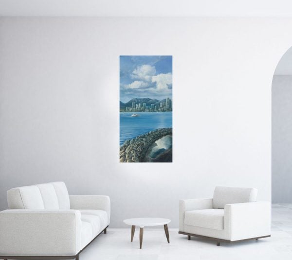 Title: Fair Wind by Anna Petrova – 48x24 inch oil on canvas showing Vancouver’s skyline and mountains reflected in calm ocean waters beneath bright clouds and sailing boats.