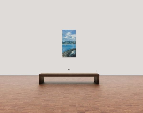 Title: Fair Wind by Anna Petrova – 48x24 inch oil on canvas showing Vancouver’s skyline and mountains reflected in calm ocean waters beneath bright clouds and sailing boats.