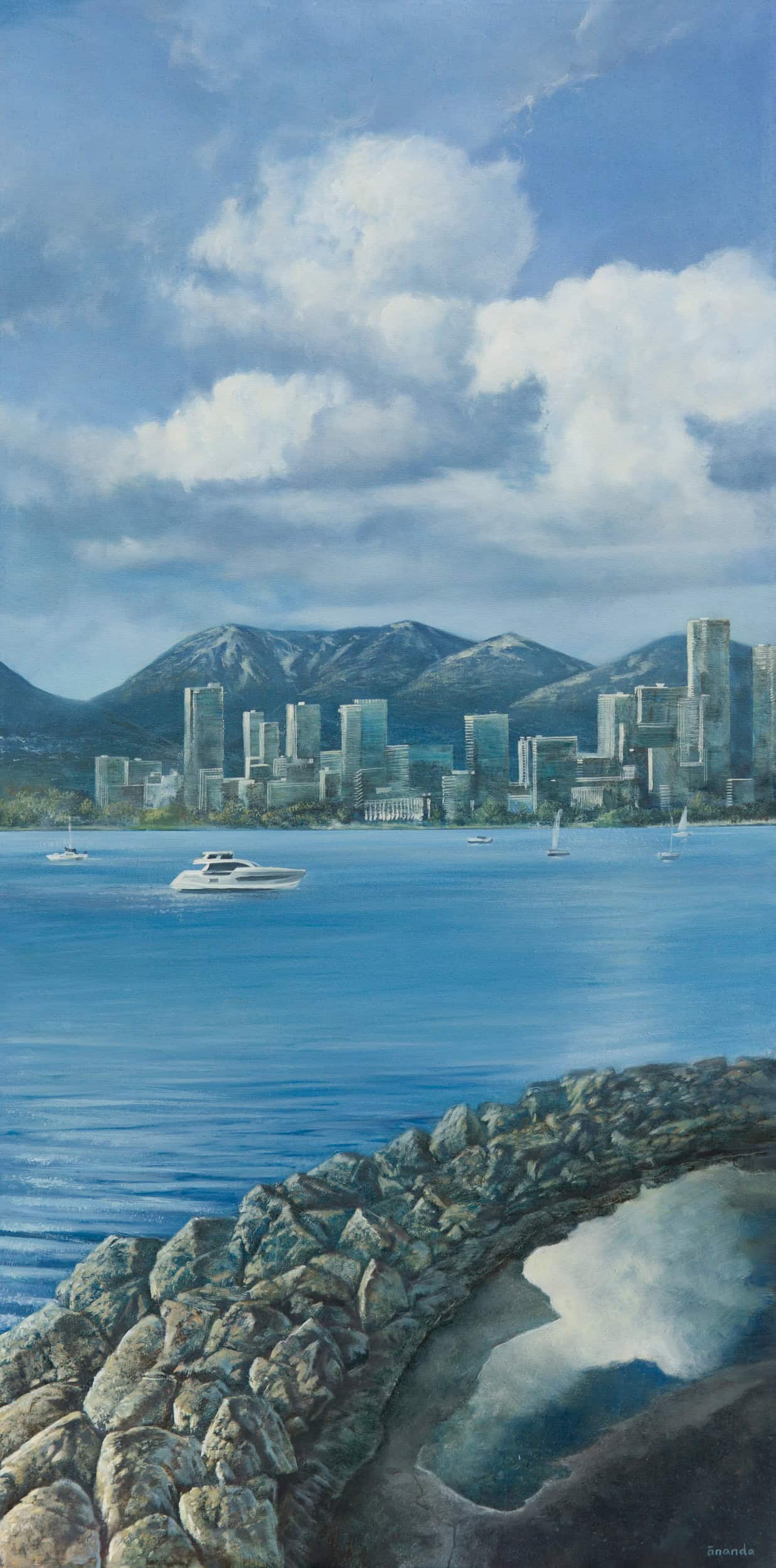 Title: Fair Wind by Anna Petrova – 48x24 inch oil on canvas showing Vancouver’s skyline and mountains reflected in calm ocean waters beneath bright clouds and sailing boats.