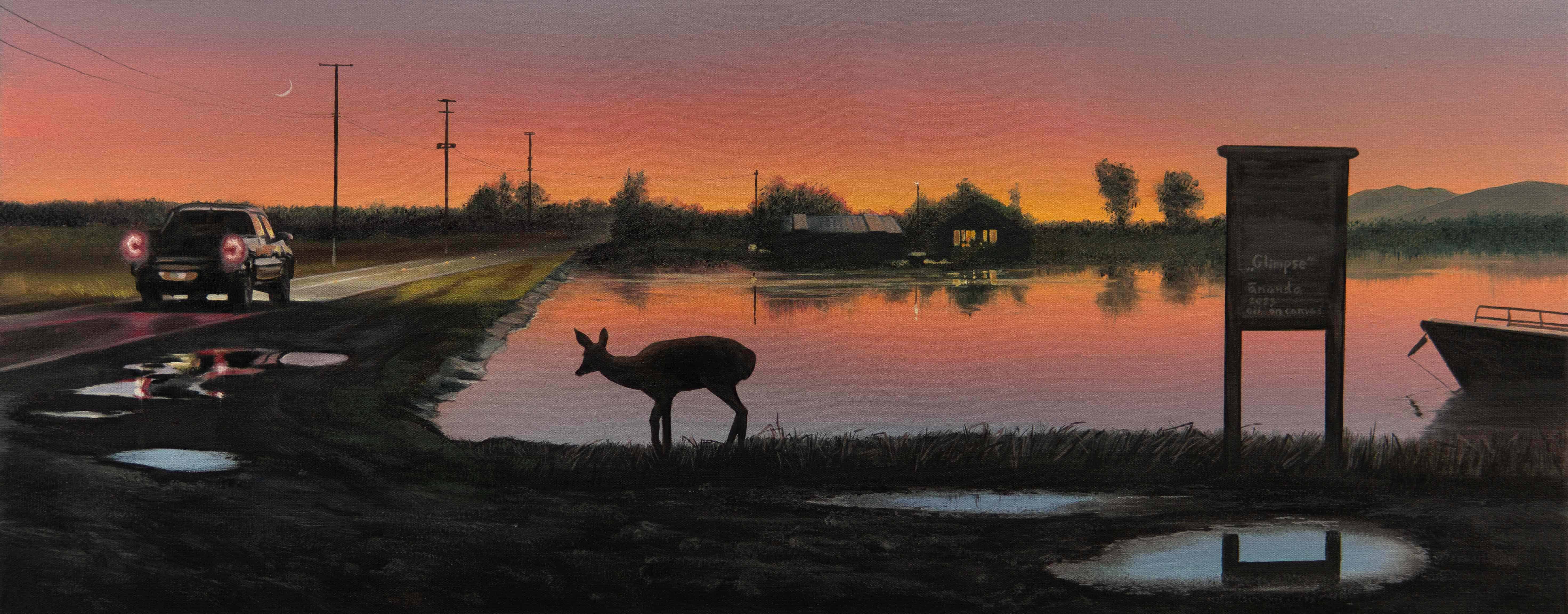 "Glimpse" by Anna Petrova – 16x40" oil on canvas capturing a serene twilight moment where a deer pauses by water under a crescent moon. Vancouver Fine Art Gallery.