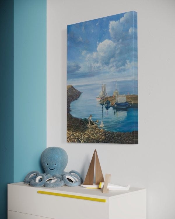 Title: New Hope by Anna Petrova – 36x24 inch oil on canvas depicting two children launching a small sailboat near a peaceful harbor with calm water, moored ships, and expansive clouds above.