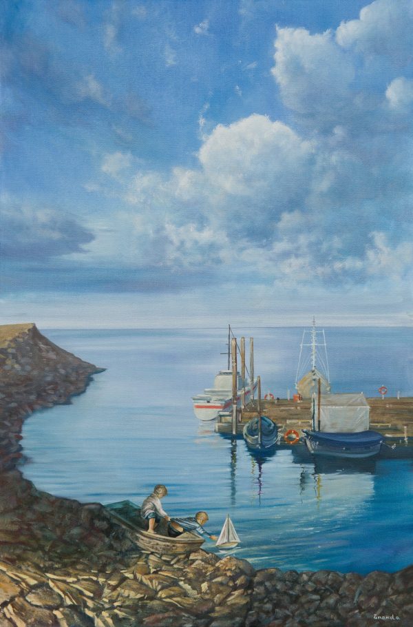 Title: New Hope by Anna Petrova – 36x24 inch oil on canvas depicting two children launching a small sailboat near a peaceful harbor with calm water, moored ships, and expansive clouds above.