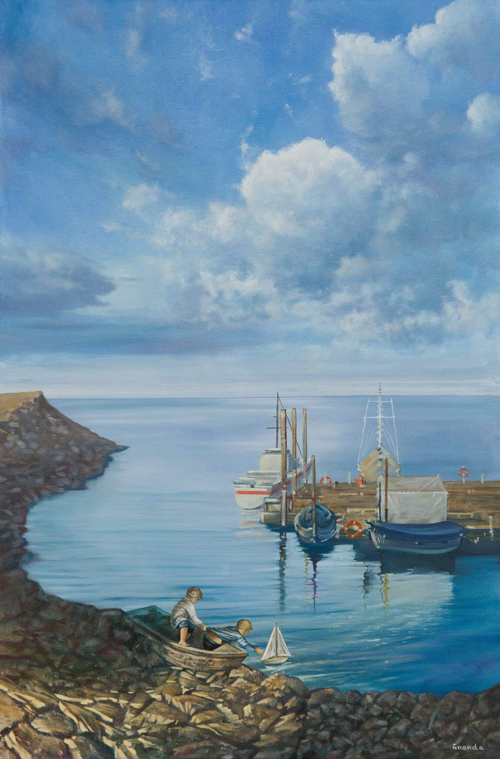 Title: New Hope by Anna Petrova – 36x24 inch oil on canvas depicting two children launching a small sailboat near a peaceful harbor with calm water, moored ships, and expansive clouds above.