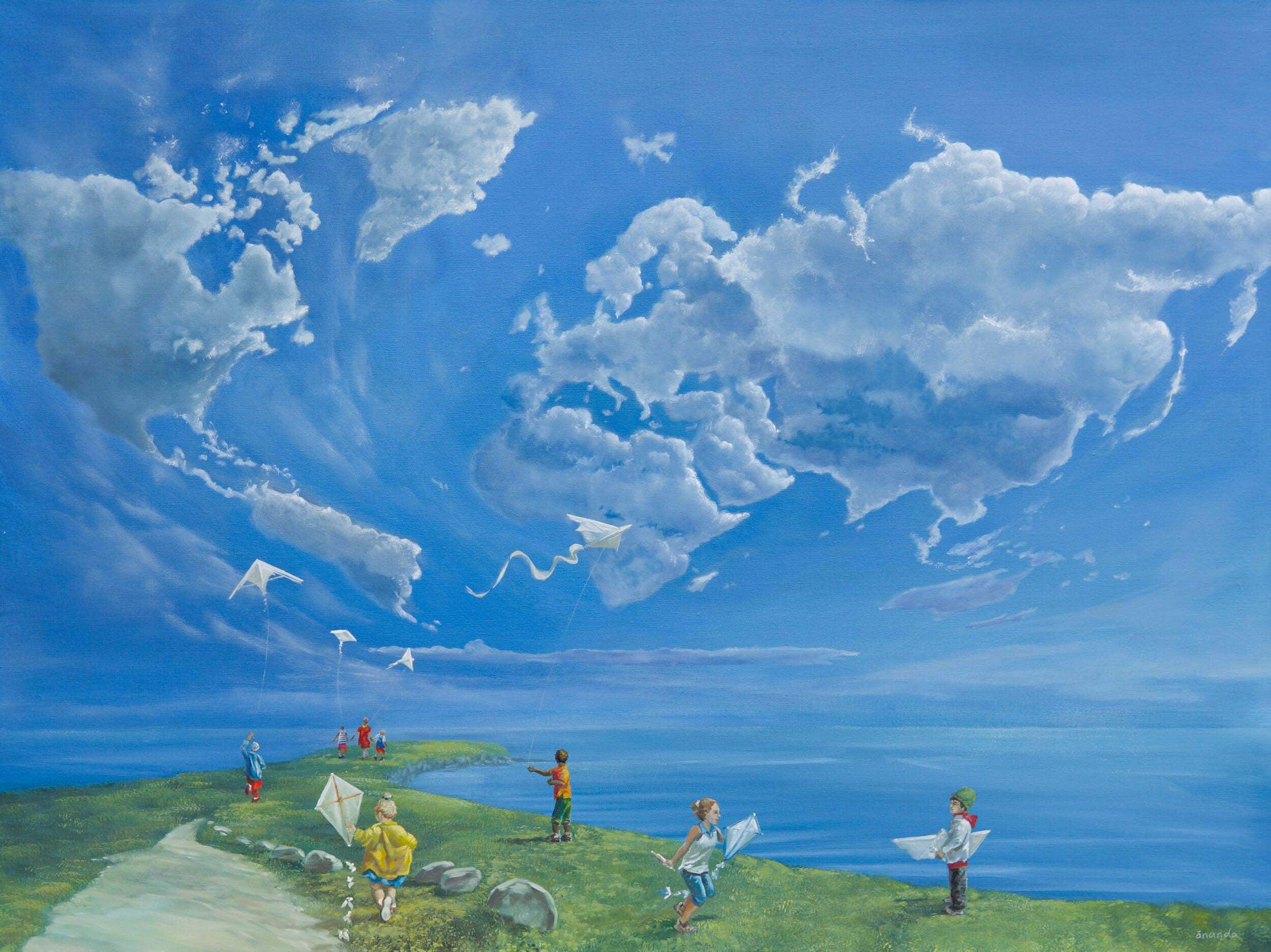 Title: Peace for All by Anna Petrova – 36x48 inch oil on canvas depicting children flying kites under a bright blue sky where clouds form world map shapes, symbolizing unity and peace.
