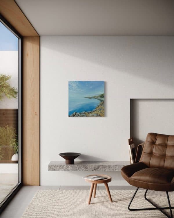 Title: Still Morning by Anna Petrova – 24x24 inch oil on canvas depicting a tranquil seascape with rocky cliffs, gentle rippling water, and a pale morning sky.